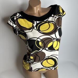Berel Italy Abstract Circle Print Cap Sleeve Blouse Top M Retro Mod Y2K Funky